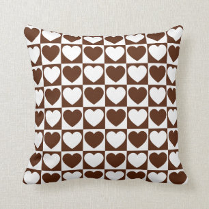 Brown and White Checkered Pattern With Hearts Cushion