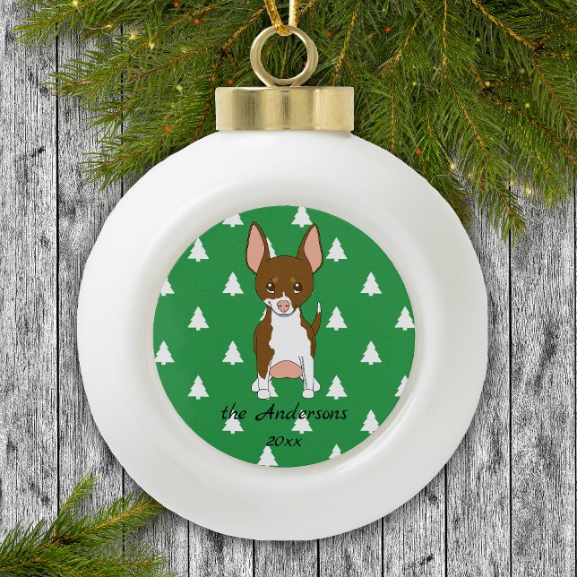 Brown and White Chihuahua White Christmas Trees Ceramic Ball Christmas Ornament (Creator Uploaded)