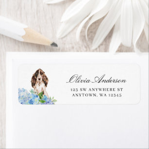 Brown and White Cocker Spaniel Blue Hydrangea Return Address Label