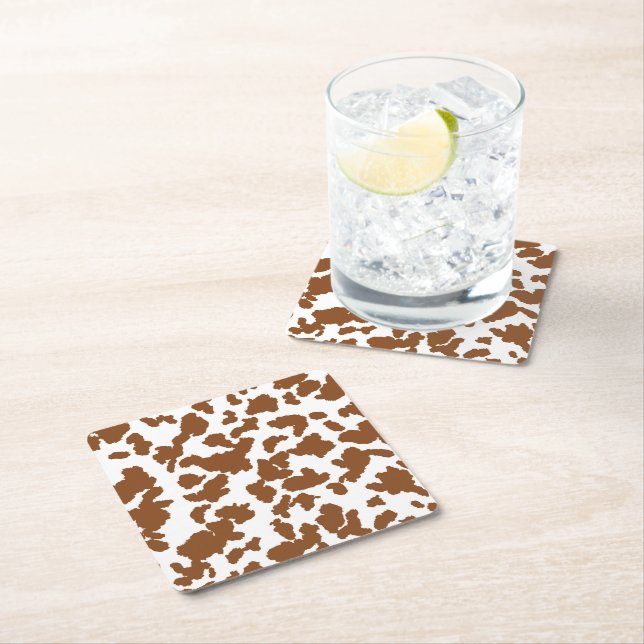 Brown And White Cow Hide Fur Pattern Square Paper Coaster (Insitu)