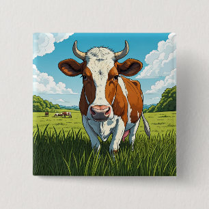 Brown and white Cow standing in a field of grass 15 Cm Square Badge