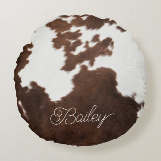 Brown and White Cowhide Round Cushion