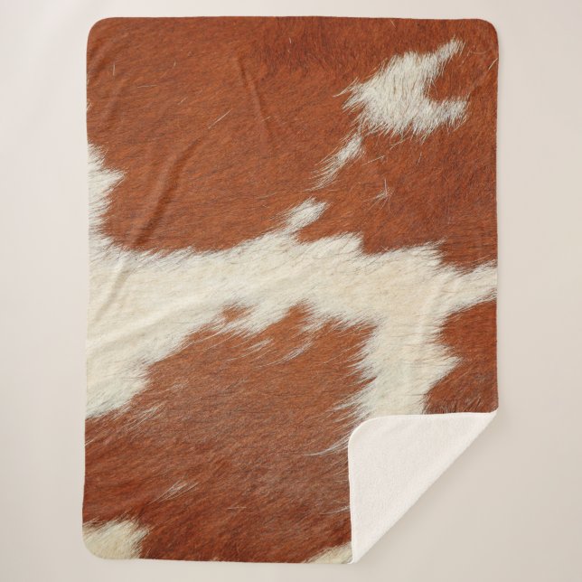 Brown and white cowhide texture sherpa blanket (Front)