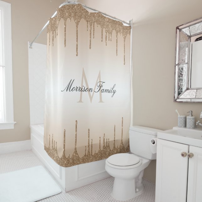 brown and white custom name glitter shower curtain (In Situ)