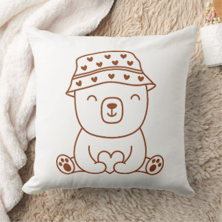 Brown and White Cute Bear Cub in Bucket Hat Cushion