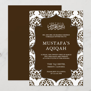 Brown and White Damask Islamic Aqiqah Ceremony Invitation