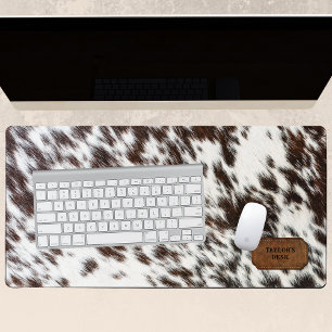 Brown and White Faux Cow Fur and Leather  Desk Mat