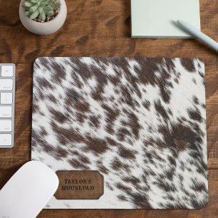 Brown and White Faux Cow Fur and Leather Mouse Pad