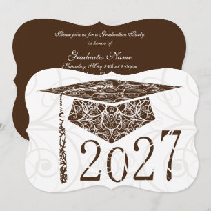 Brown and White Floral Cap 2027 Graduation Party Invitation