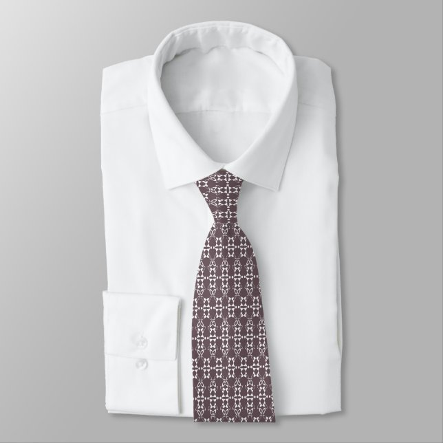 Brown and white geometric ornament pattern tie (Tied)