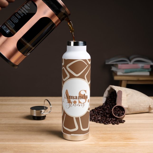 Brown and White Geometric Pattern Modern Monogram Water Bottle (Coffee)
