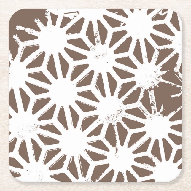 Brown and white geometric pattern square paper coaster (Front)
