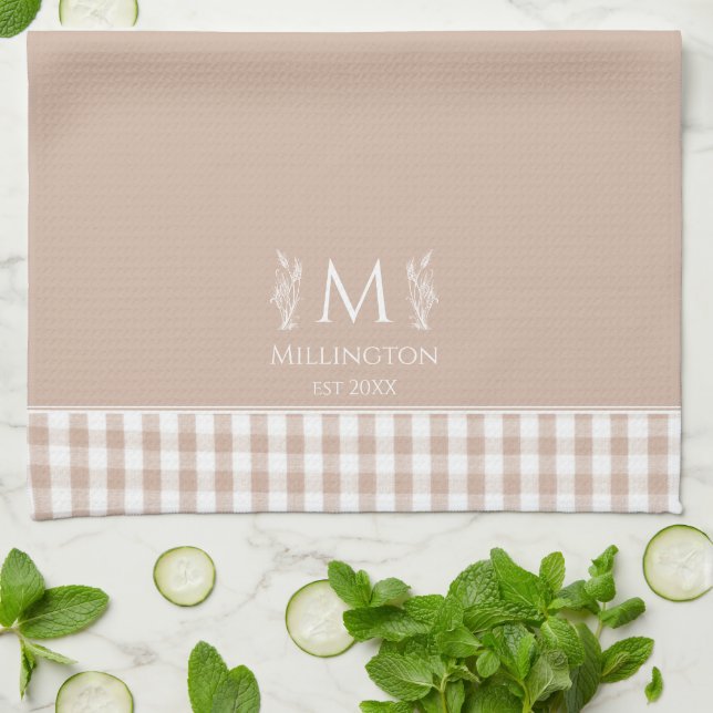 Brown and White Gingham Custom Name Monogram Tea Towel (Folded)