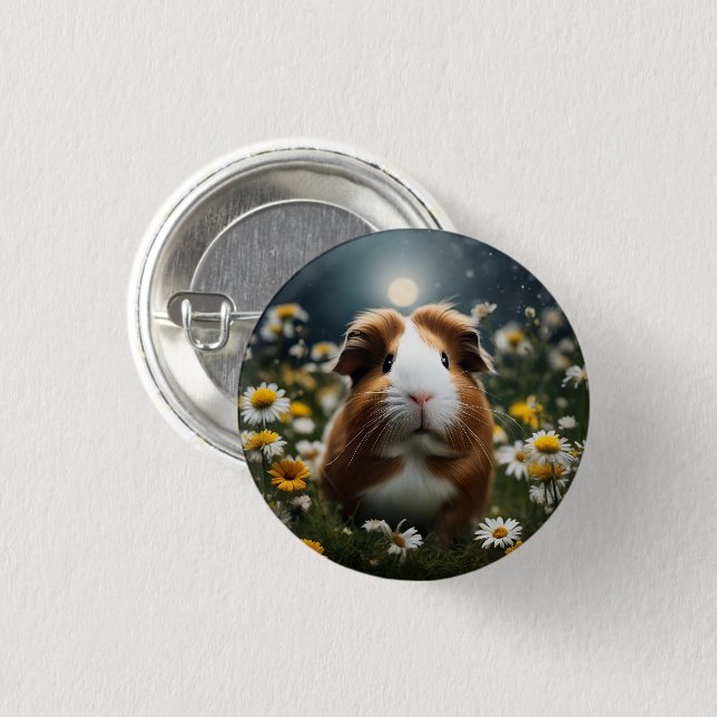 Brown And White Guinea Pig Moon And Daisies, 3 Cm Round Badge (Front & Back)