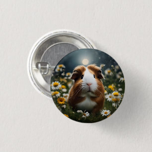 Brown And White Guinea Pig Moon And Daisies, 3 Cm Round Badge