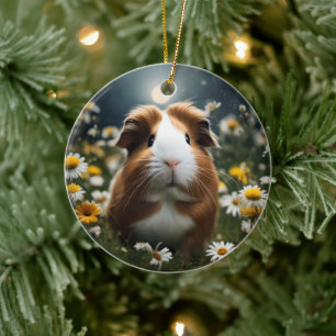 Brown And White Guinea Pig Moon And Daisies, Ceramic Ornament