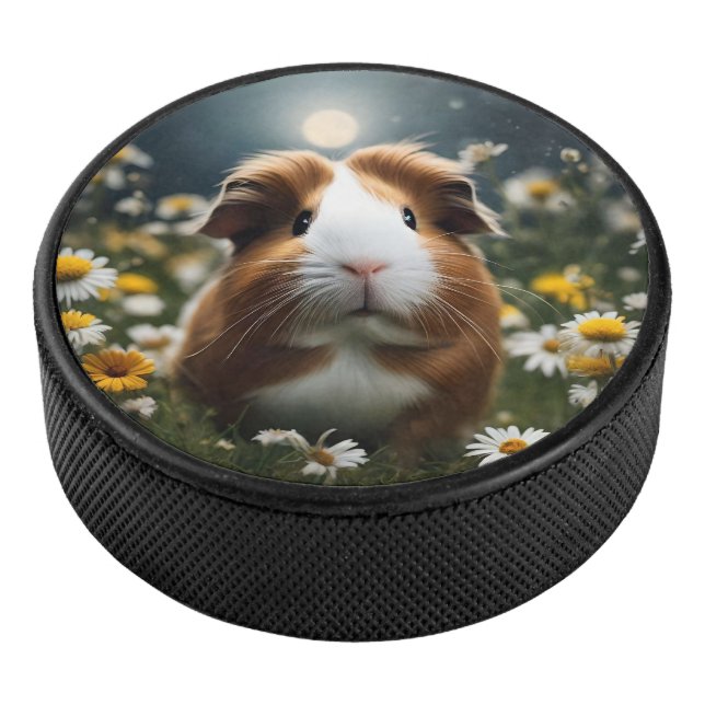 Brown And White Guinea Pig Moon And Daisies, Hockey Puck (3/4)