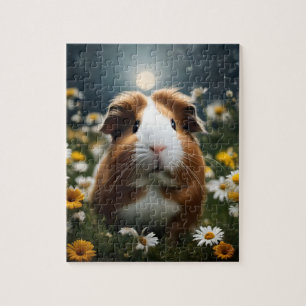 Brown And White Guinea Pig Moon And Daisies, Jigsaw Puzzle