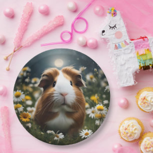 Brown And White Guinea Pig Moon And Daisies, Paper Plate