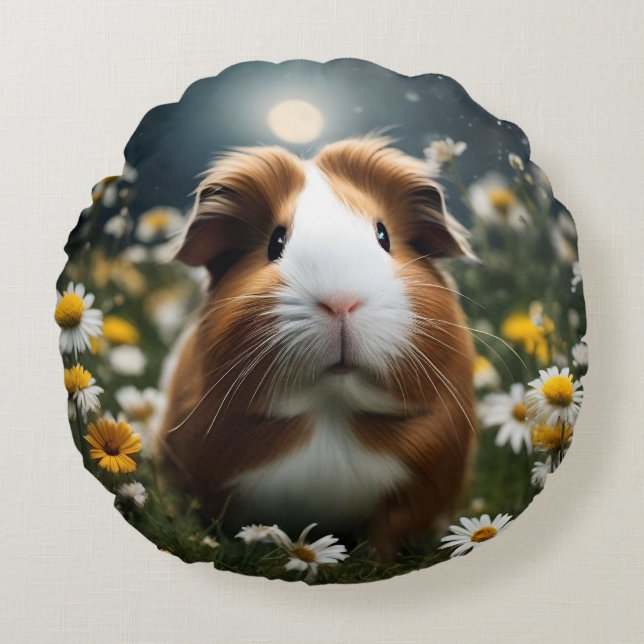 Brown And White Guinea Pig Moon And Daisies, Round Cushion (Front)