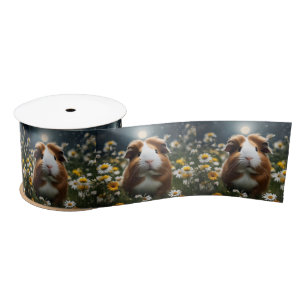 Brown And White Guinea Pig Moon And Daisies, Satin Ribbon