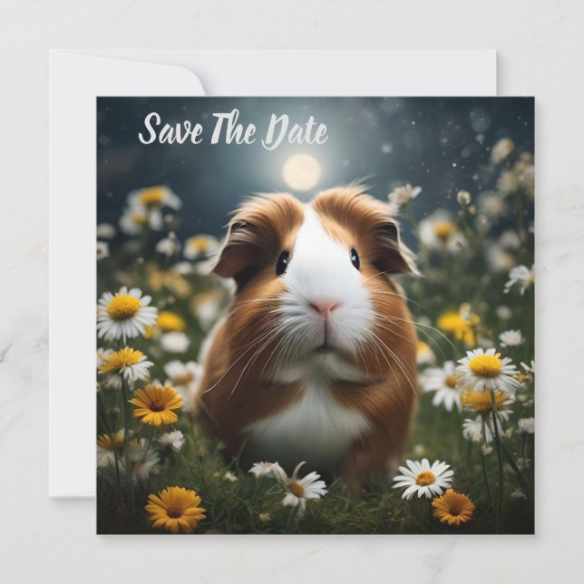 Brown And White Guinea Pig Moon And Daisies, Save The Date (Front)