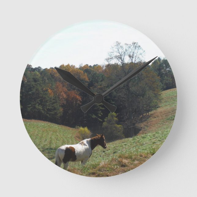 Brown and white horse at autumn pond round clock (Front)