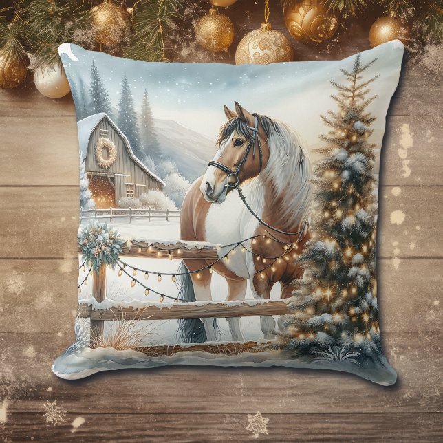 Brown and White Horse Festive Rustic Christmas   Cushion (Creator Uploaded)