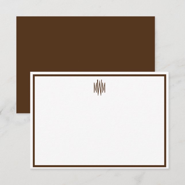 Brown and White Monogrammed Flat Note Card (Front/Back)
