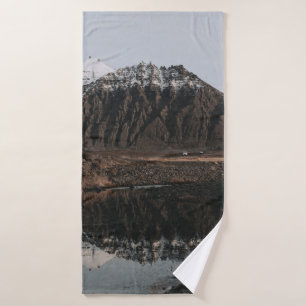 BROWN AND WHITE MOUNTAINS NEAR LAKE DURING DAYTIME BATH TOWEL