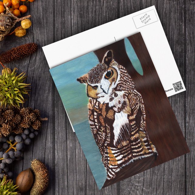 Brown and White Owl Postcard (Brown white owl golden eyes in tree overlooking water on postcard.)