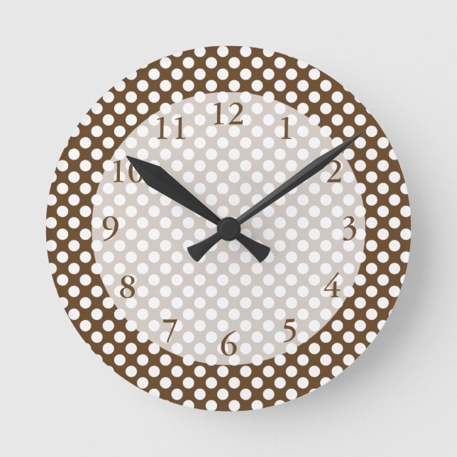 Brown and White Polka Dot Round Clock (Front)