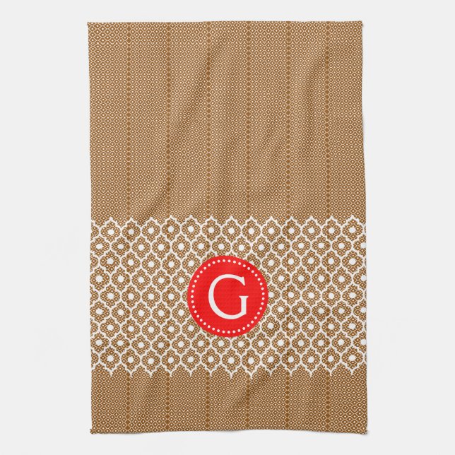 Brown And White Quatrefoil Red Accent Tea Towel (Vertical)