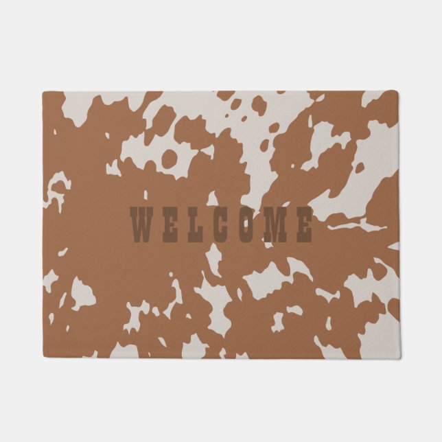 Brown and White Spotted Cowhide Door Mat Welcome (Front)