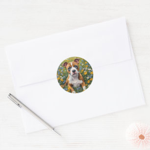 Brown And White Staffordshire Bull Terrier Puppy, Classic Round Sticker