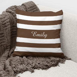 Brown And White Stripes Pattern Your Name On Throw Cushion