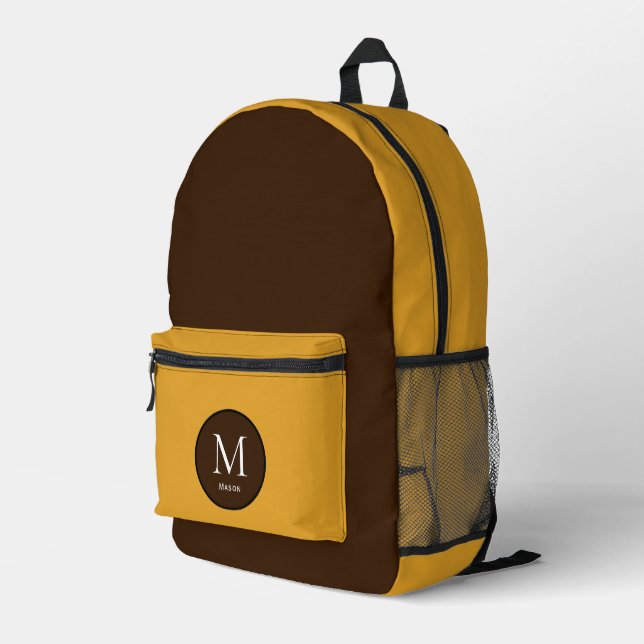 Brown and Yellow Colour Block  Printed Backpack (Back Corner Right)