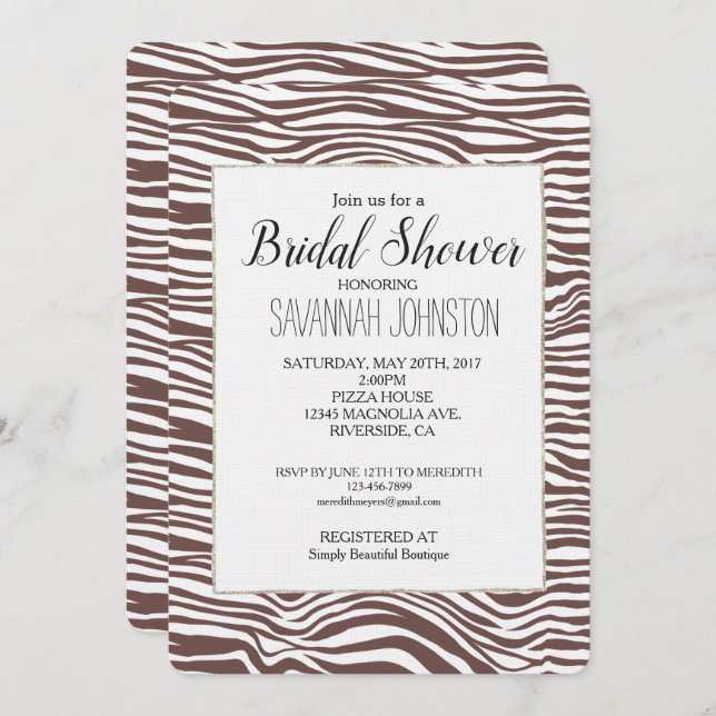 Brown Animal Zebra Print Stripes Bridal Shower Invitation (Front/Back)