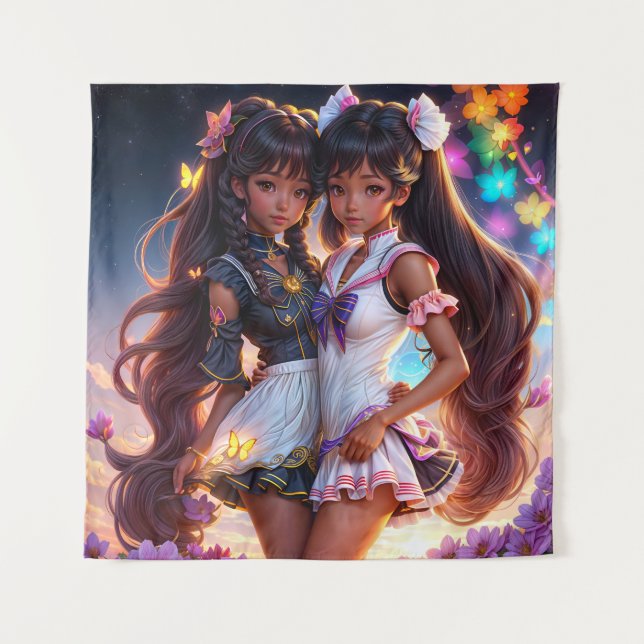 Brown Anime Girls Colourful Art Tapestry (Front)