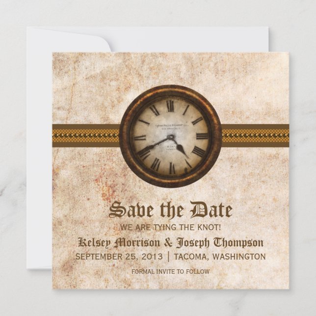 Brown Antique Clock Save the Date Announcement (Front)