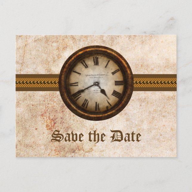 Brown Antique Clock Save the Date Postcard (Front)