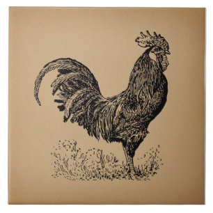 Brown Antique Rooster Illustration Chicken Art Ceramic Tile