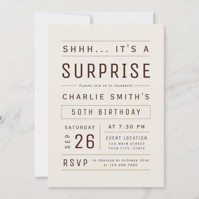 Brown Any Age Modern Typography Surprise Birthday Invitation (Front)
