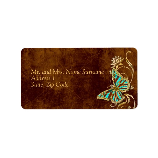 Brown aqua gold address wedding engagement party label (Front)