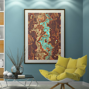 Brown Aqua Teal Turquoise Green Geode Marble Art Poster