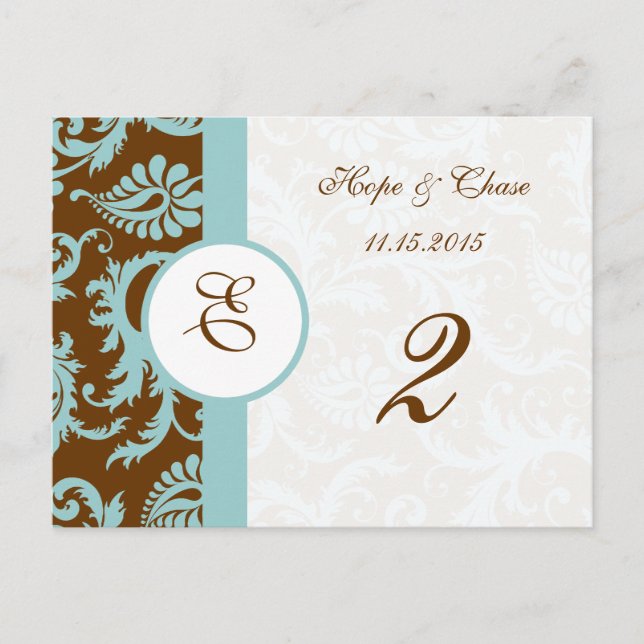 Brown & Aqua Trim Damask Swirls Table Number Cards (Front)
