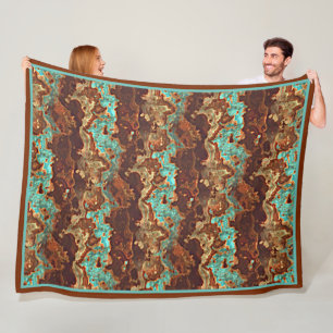 Brown Aqua Turquoise Green Geode Marble Art Fleece Blanket