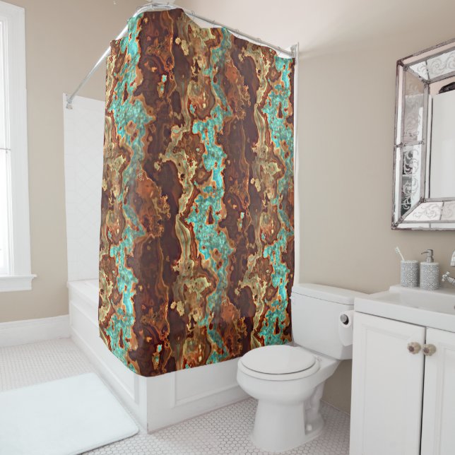 Brown Aqua Turquoise Green Geode Marble Pattern Shower Curtain (In Situ)