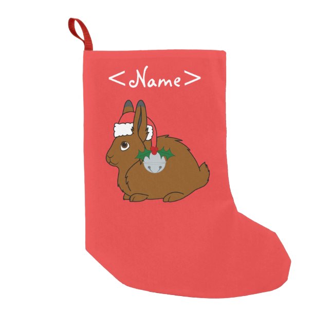 Brown Arctic Hare with Santa Hat & Silver Bell Small Christmas Stocking (Front)