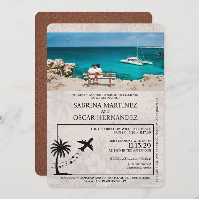 Brown Aruba Passport Wedding Invitation (Front/Back)
